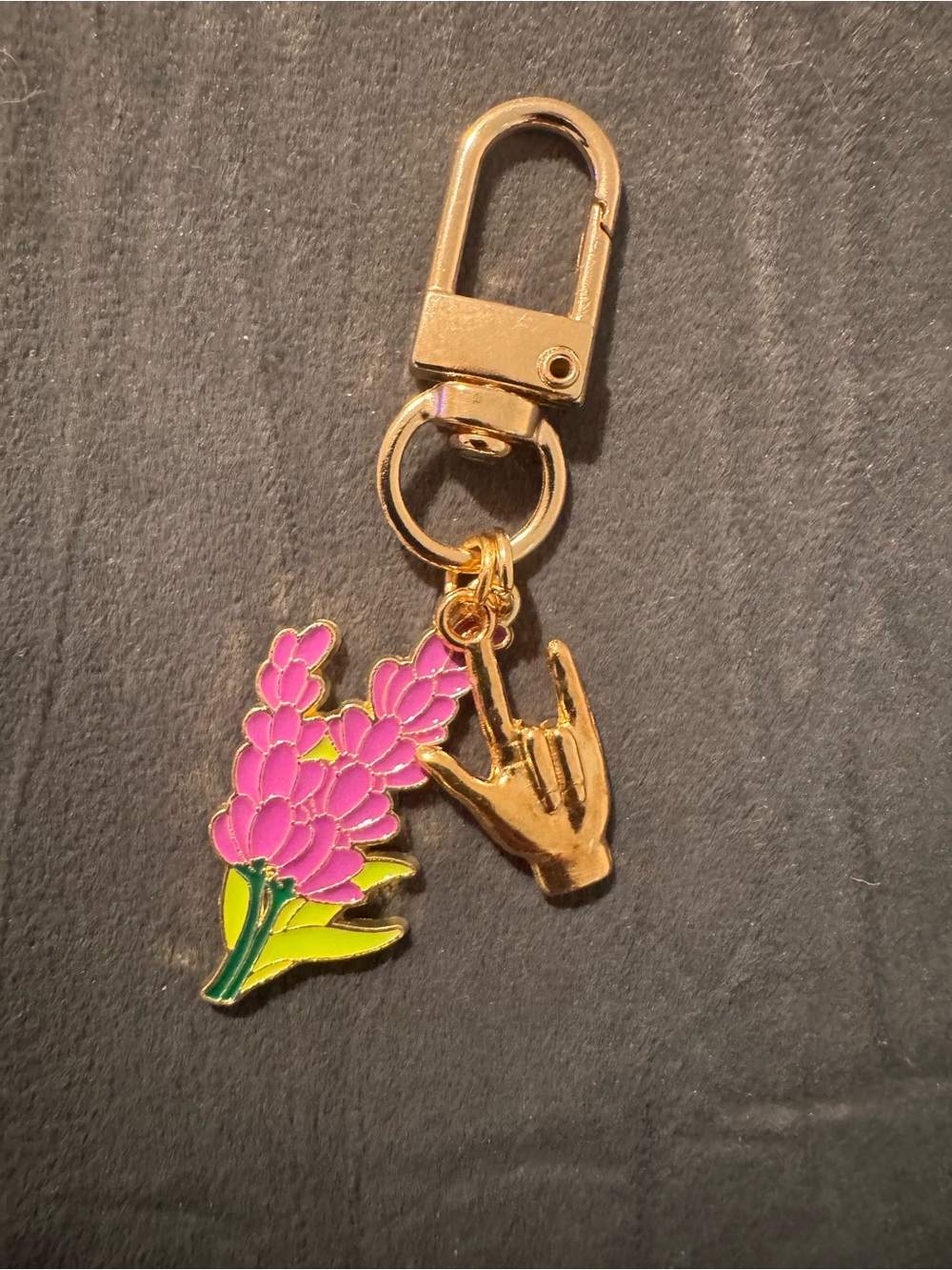 Bandolier Gold Keychain with Pink Flower & Gold Hand Charm